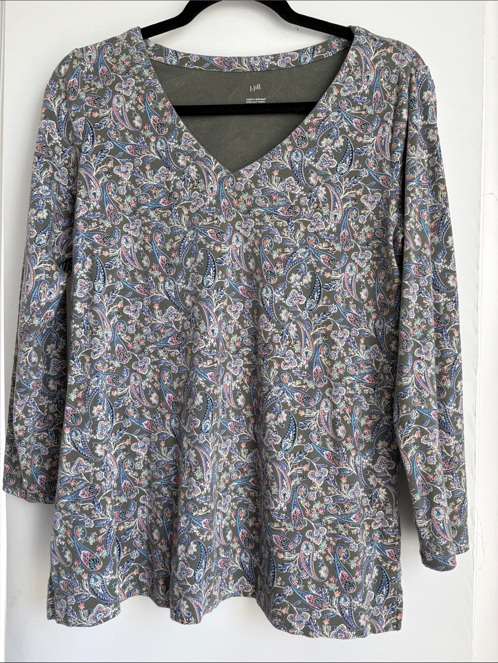 J. Jill Gray Paisley V-Neck Long Sleeve Tee with Pink and Blue Accents